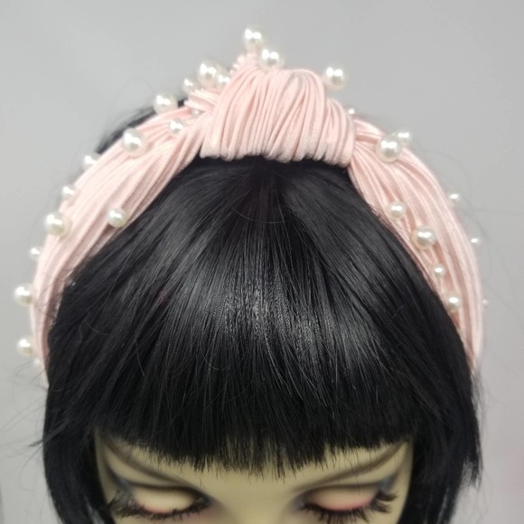 Blush Pearl Knot Pleated Silk Headband Crown Headpiece - Picture 8 of 9